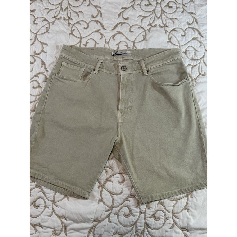 Zara Mens Denim Shorts Size 34 Beige Khaki 5 Pocket Jean Shorts Made Morocco